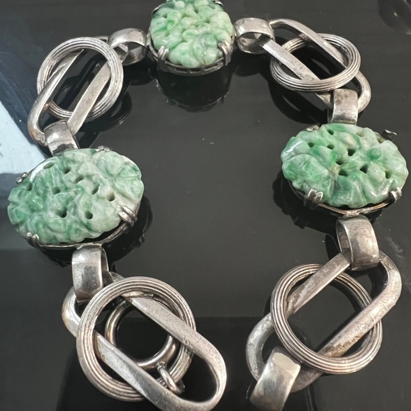Antique Art Deco Bracelet Carved Green White Jadeite Sterling Chinese Export - Picture 13 of 13